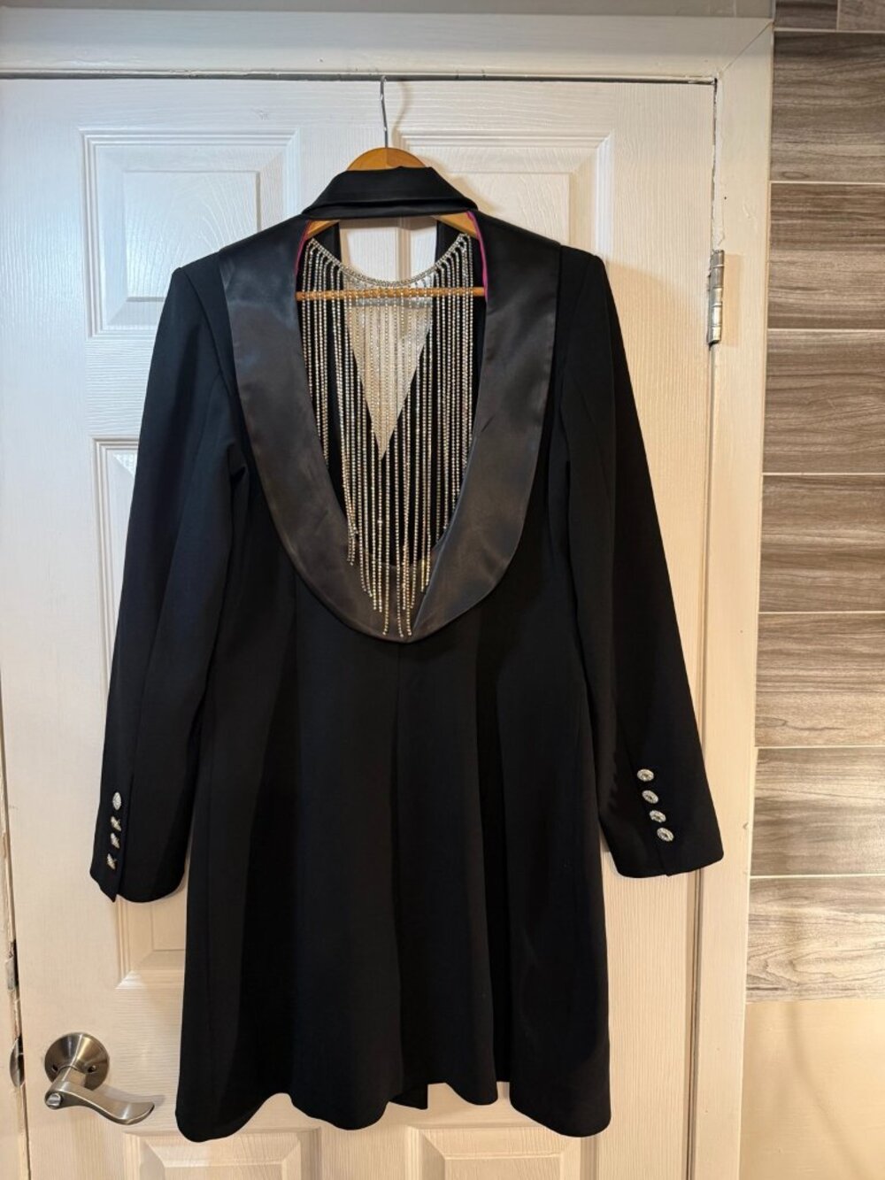 Kedma Black Tuxedo Blazer Dress Crystal Fringe Open Back Size 42